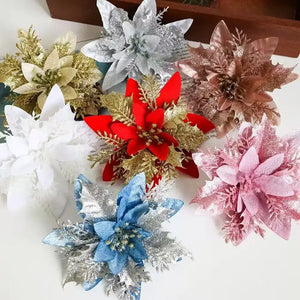 1–20pcs Glitter Artificial Christmas Flowers, Xmas Tree Ornaments & Holiday Decorations