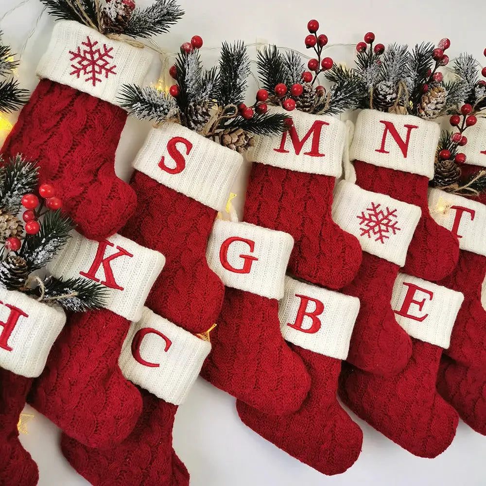 Personalized Christmas Stocking Ornaments, Knitted Tree Decorations with Snowflake Alphabet Letters