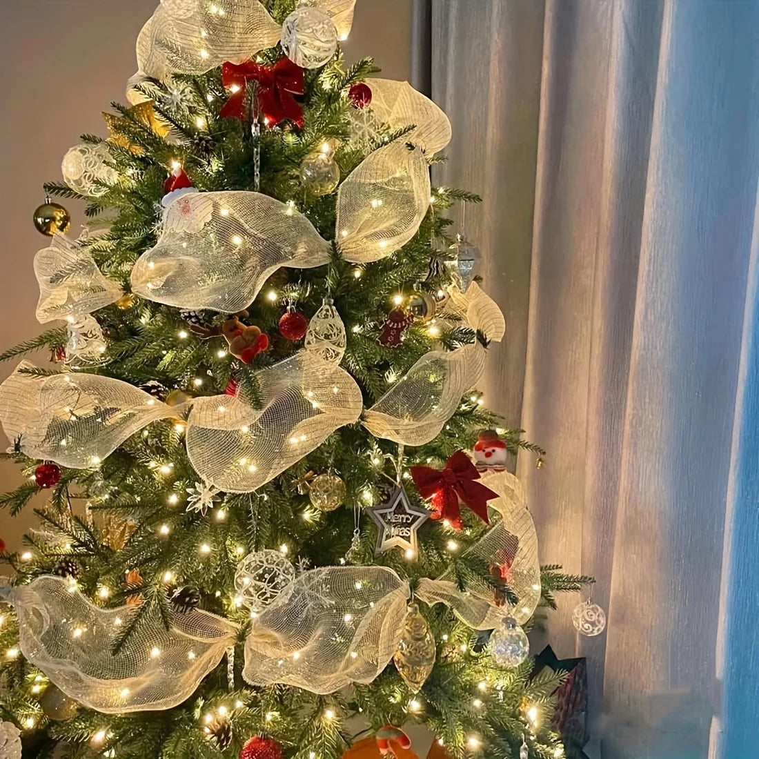 Christmas Tree Ribbon Bow Ornaments, 9M Christmas DIY Hanging Decor, Navidad Noel New Year 2026