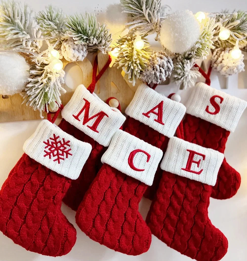 Personalized Christmas Stocking Ornaments, Knitted Tree Decorations with Snowflake Alphabet Letters