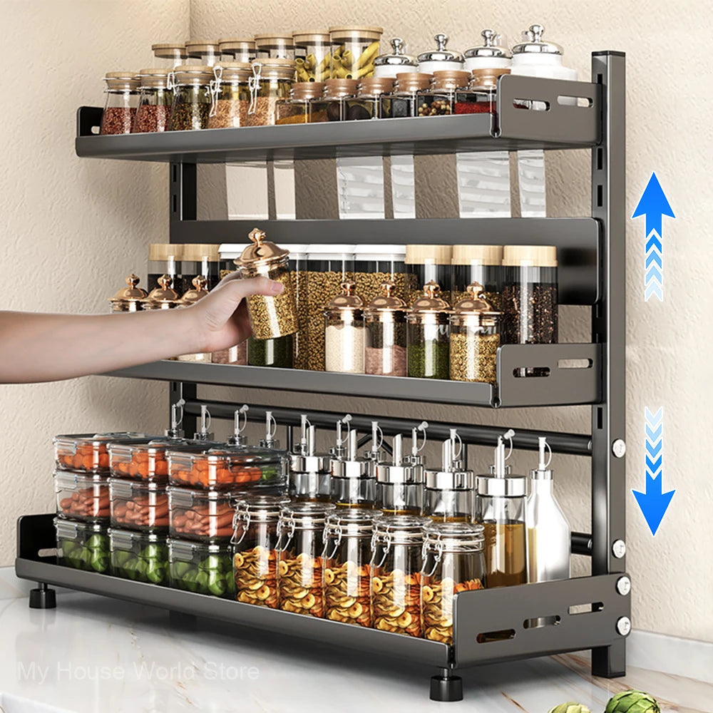 3-Tier Adjustable Spice Rack – Black Metal Kitchen Organizer