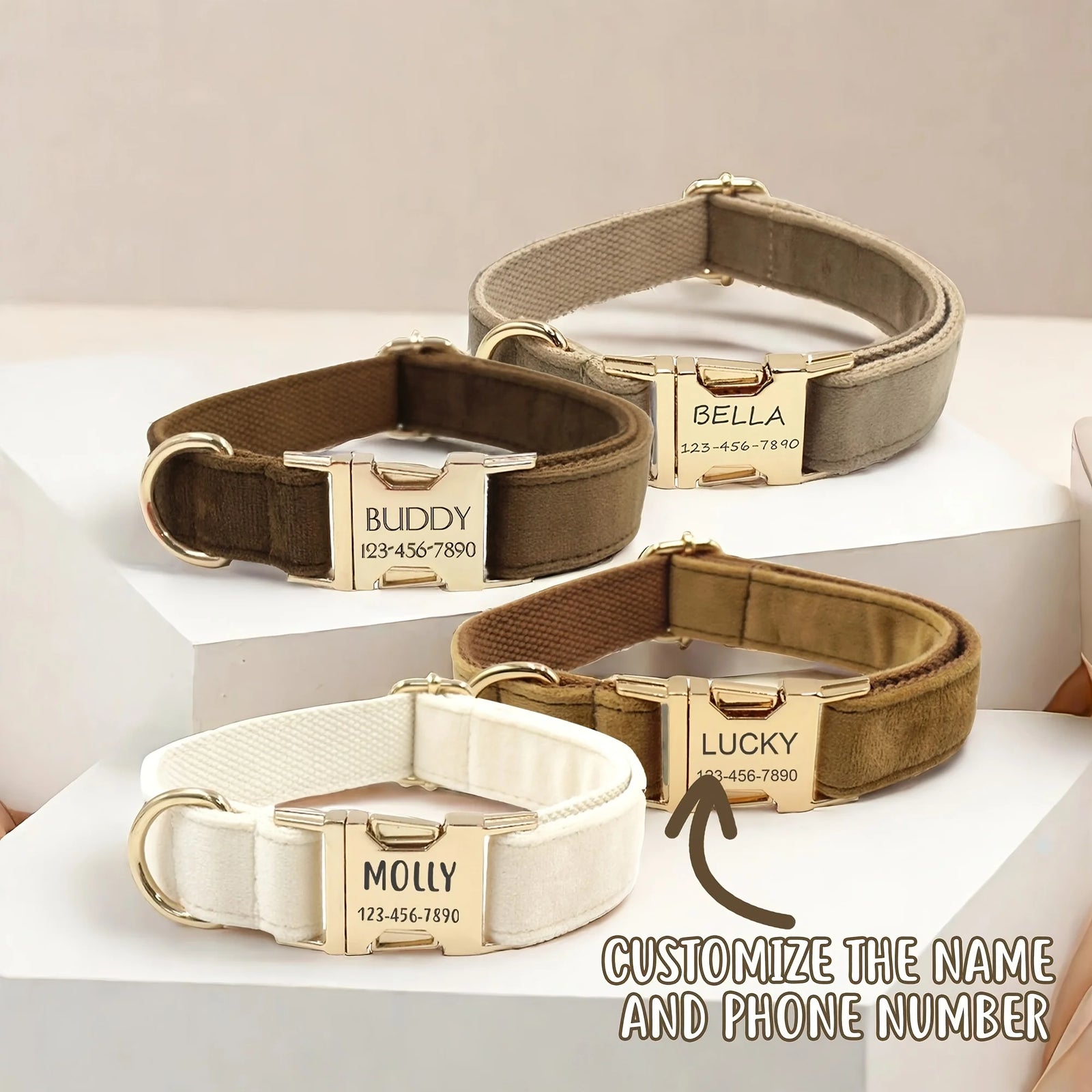 Personalized Velvet Dog Collar with Custom Name & Phone Number