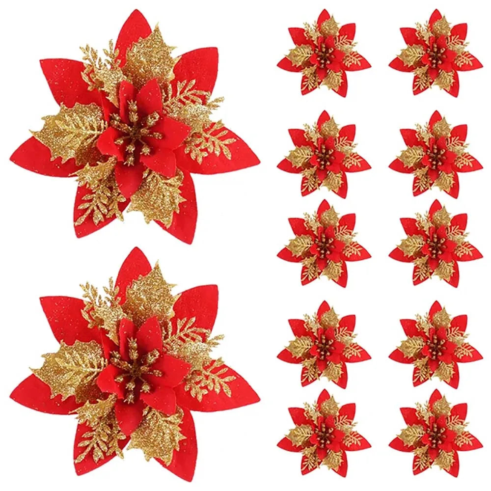Glitter Artificial Christmas Flowers – Pink, Red & Gold Tree Ornaments