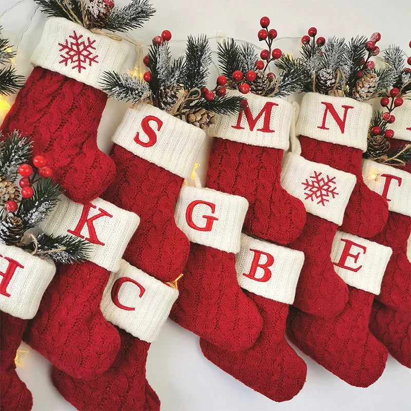 Personalized Christmas Stocking Ornaments, Knitted Tree Decorations with Snowflake Alphabet Letters