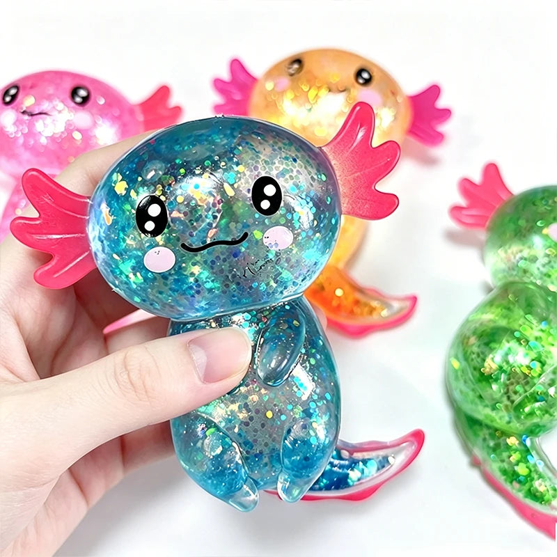 Writing  Cute Axolotl Squishy Toy – Glitter Stress Relief Fidget