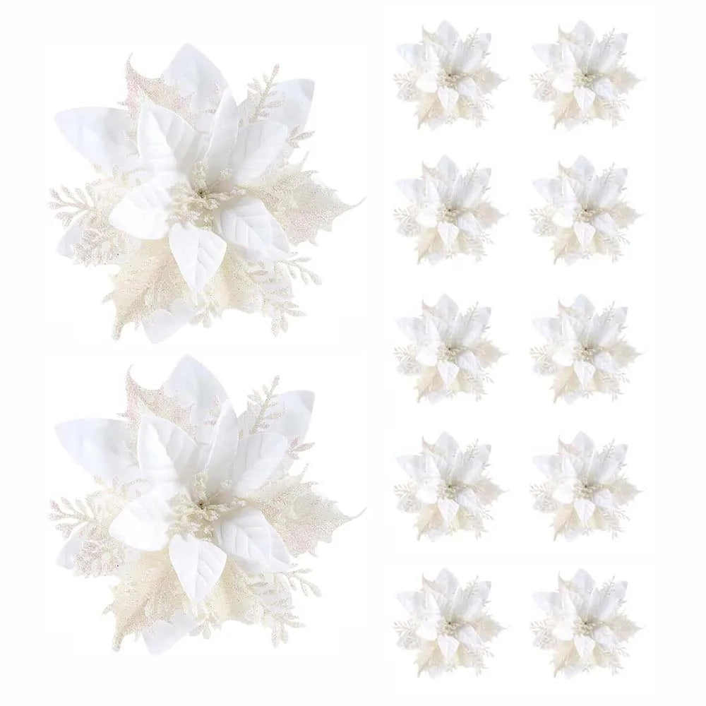 5/10pcs Glitter Christmas Flower Ornaments, Artificial Pink, Red & Gold Xmas Tree Decorations