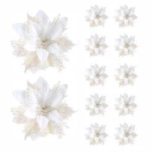 5/10pcs Glitter Christmas Flower Ornaments, Artificial Pink, Red & Gold Xmas Tree Decorations