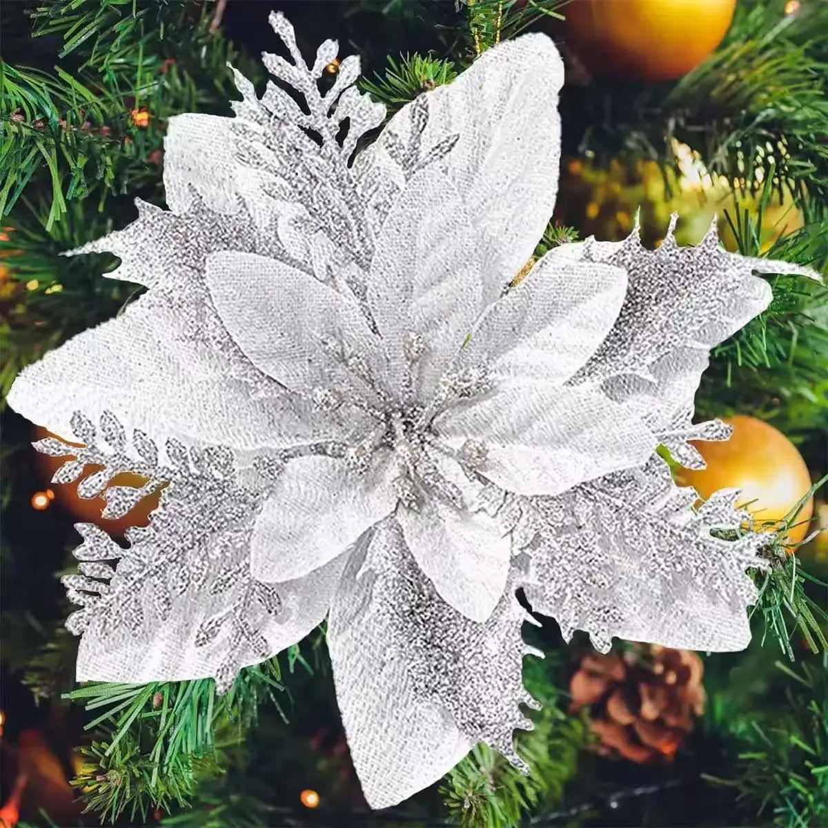 1–20pcs Glitter Artificial Christmas Flowers, Xmas Tree Ornaments & Holiday Decorations