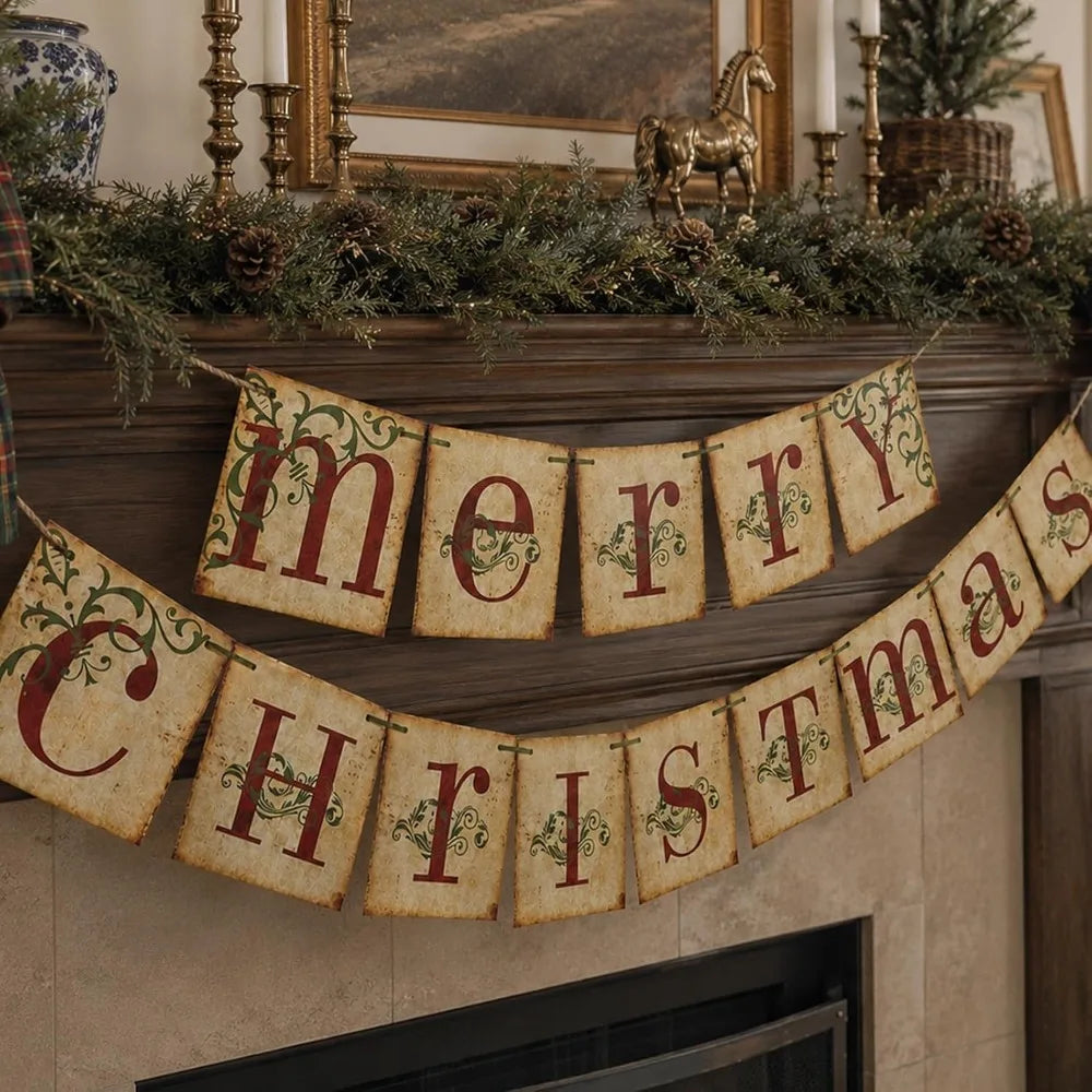 Merry Christmas Banner – Vintage Gothic Holiday Wall Decor