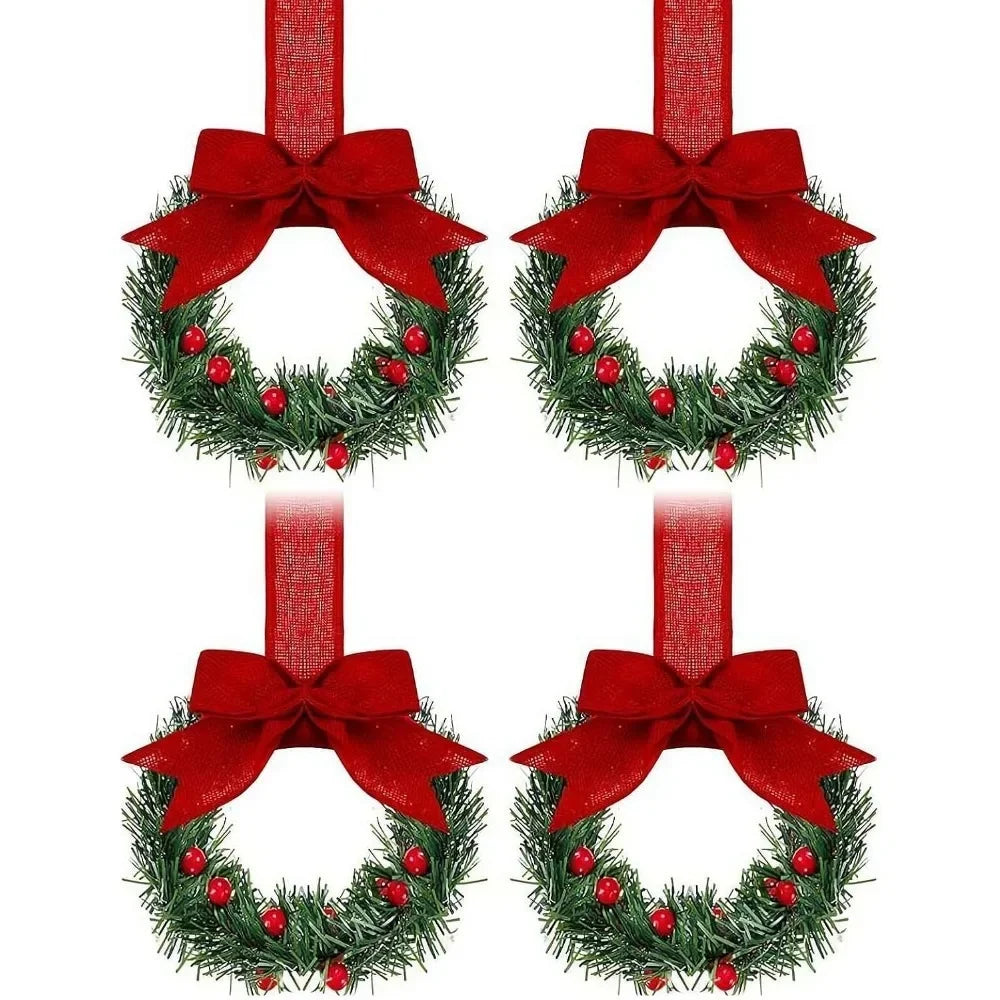 4-Piece Mini Christmas Wreaths with Bows & Red Berries