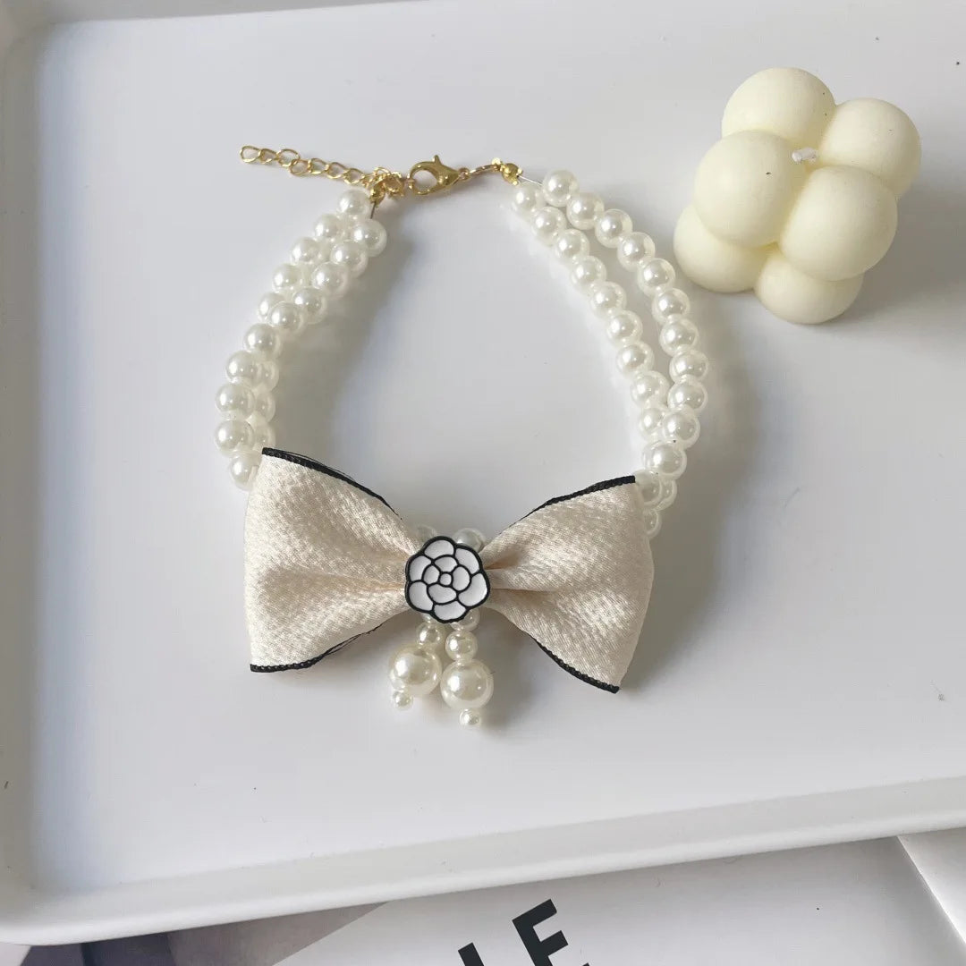 Pearl Bow Pet Collar – Double-Layer Necklace for Cats & Small Dogs