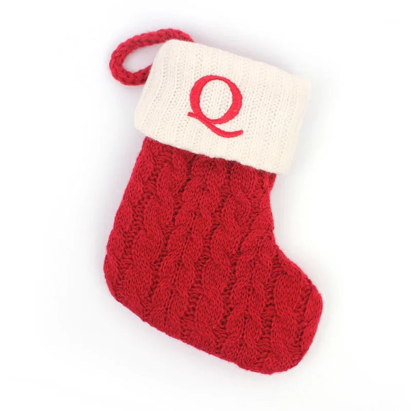 Personalized Christmas Stocking Ornaments, Knitted Tree Decorations with Snowflake Alphabet Letters