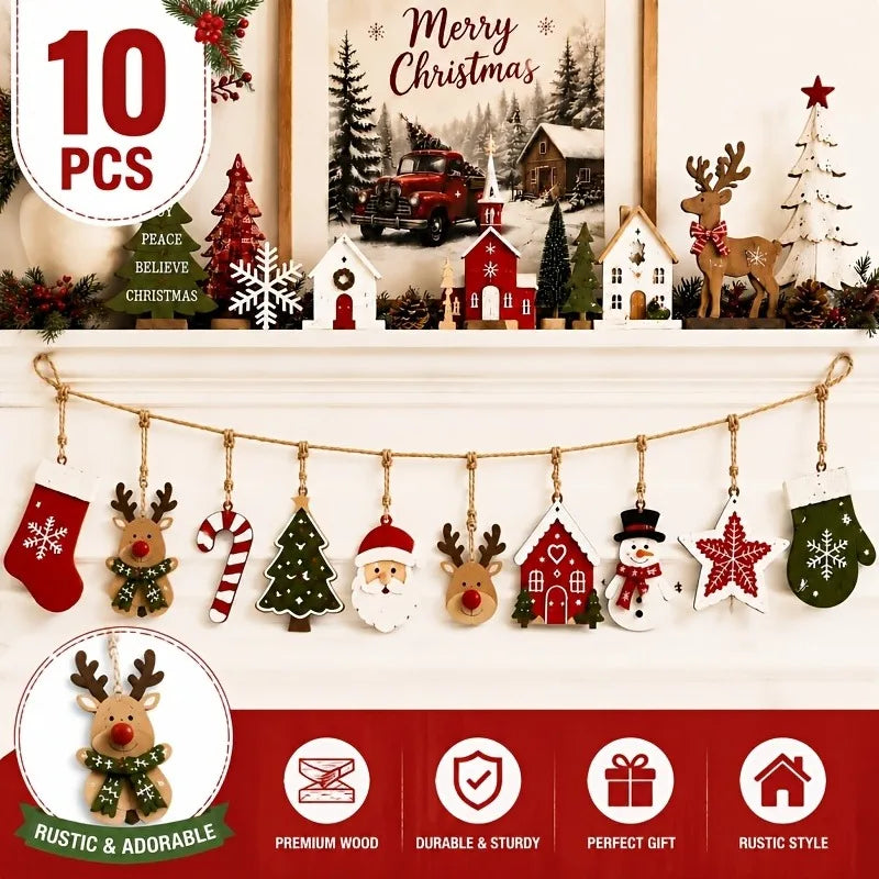10-Piece Wooden Christmas Decor Set – Santa & Reindeer