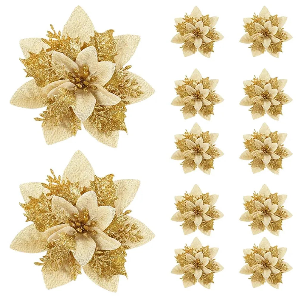 Glitter Artificial Christmas Flowers – Pink, Red & Gold Tree Ornaments
