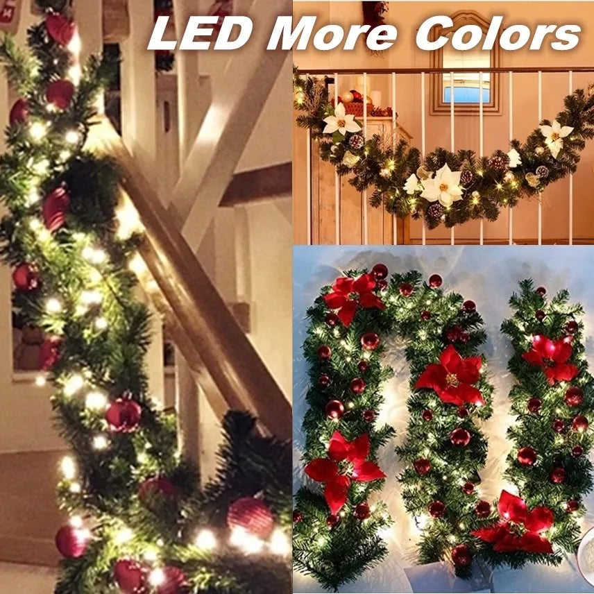 2.7M 5-Color Christmas Garland with Lights, Wreath & Rattan Decor for Home, Door, Wall & Mantel