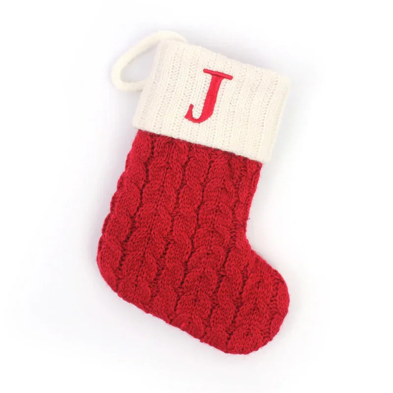 Personalized Christmas Stocking Ornaments, Knitted Tree Decorations with Snowflake Alphabet Letters