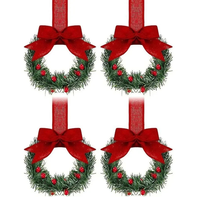 4-Piece Mini Christmas Wreaths with Bows & Red Berries