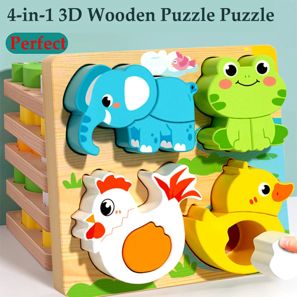 4-in-1 Wooden 3D Animal Puzzle – Educational Learning Toy for Kids
