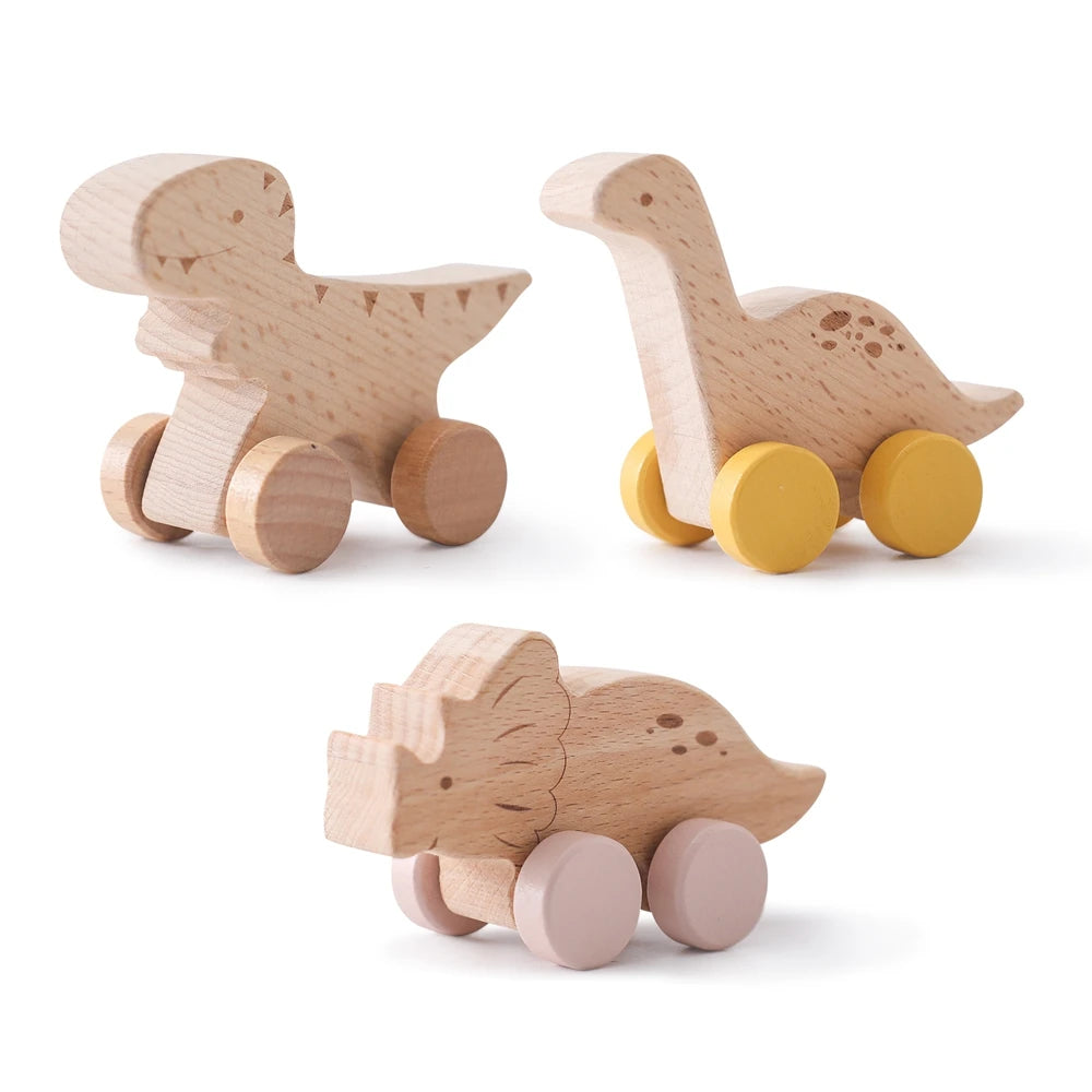 Dinosaur Cartoon Wooden Teether Toy for Babies – Montessori Sensory Car