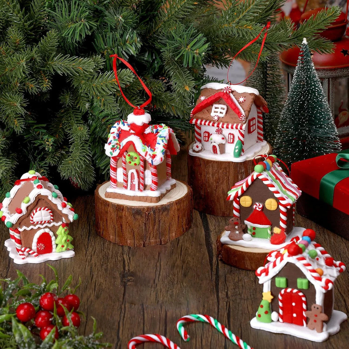 5pcs Gingerbread House Christmas Tree Ornaments, Hanging Holiday Decor