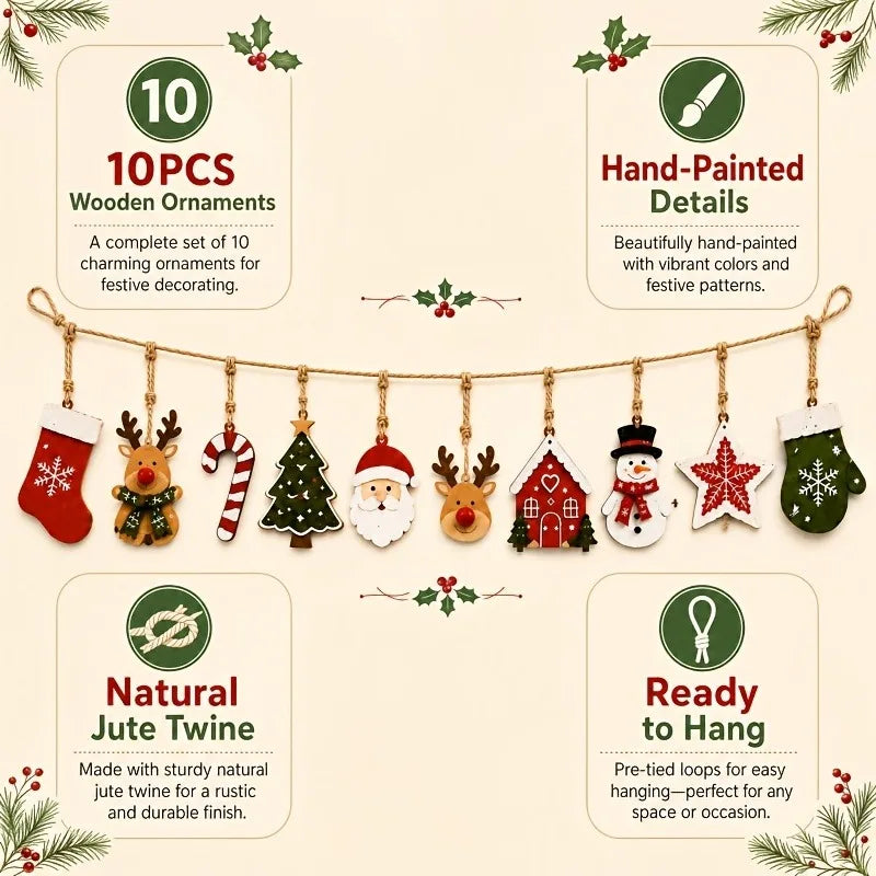 10-Piece Wooden Christmas Decor Set – Santa & Reindeer
