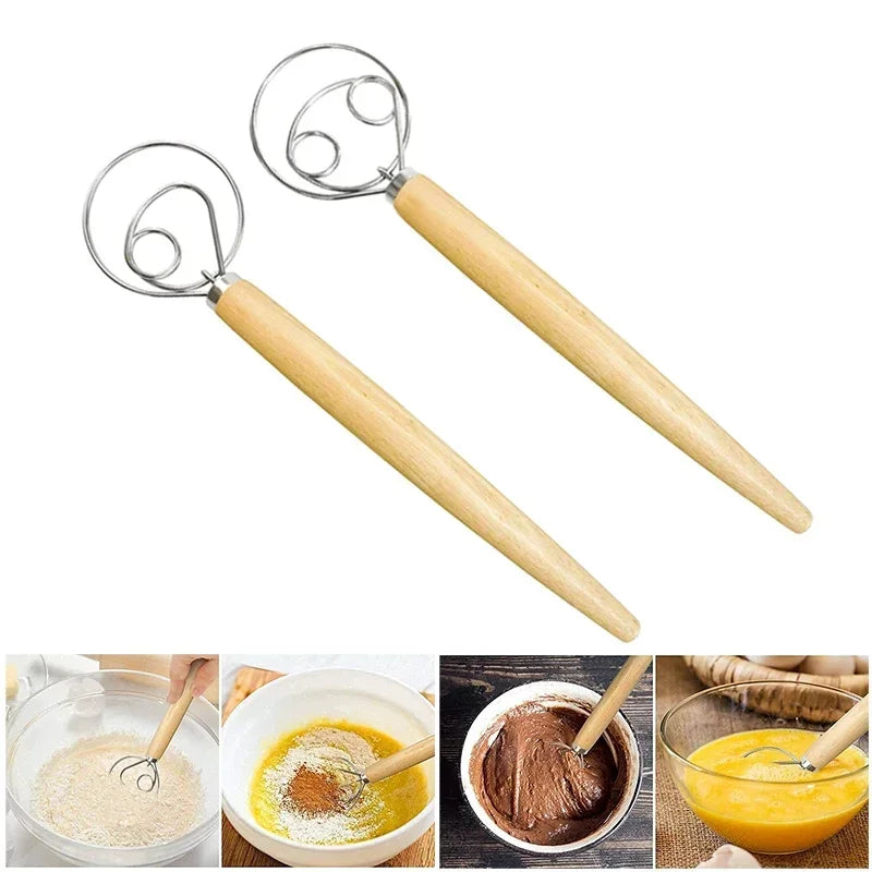 Danish Dough Whisk with Wooden Handle – Stainless Steel Baking Tool