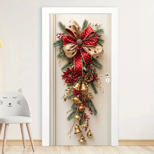 Christmas Wall Hanging Decor with Red Bells & Green Leaves