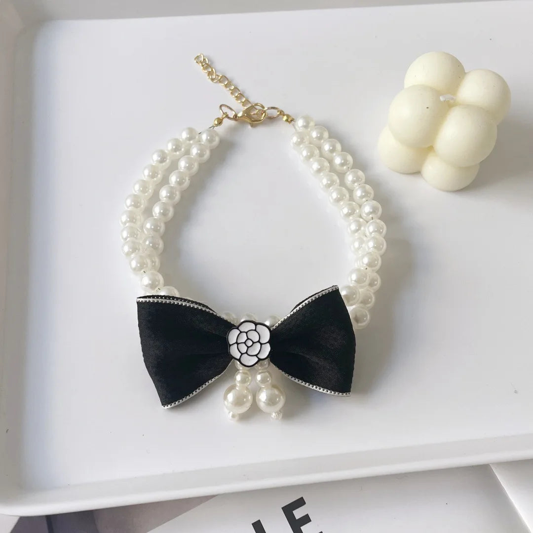 Pearl Bow Pet Collar – Double-Layer Necklace for Cats & Small Dogs