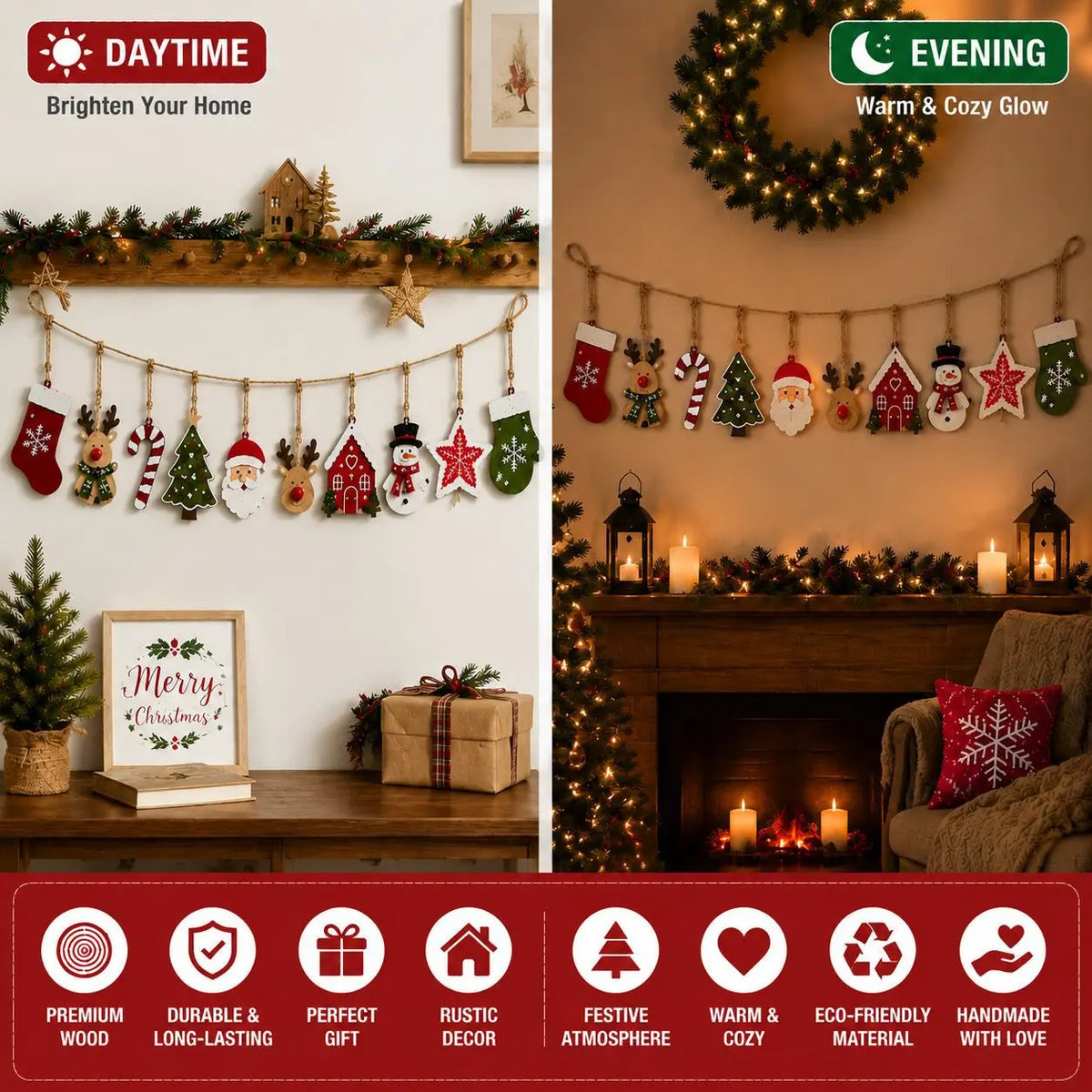 10-Piece Wooden Christmas Decor Set – Santa & Reindeer