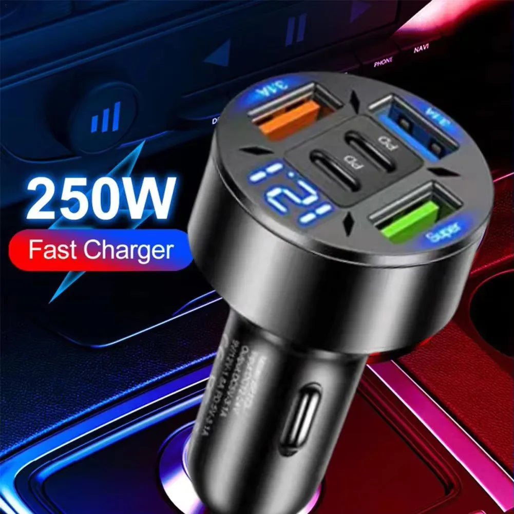 250W 5-Port Car Charger – PD QC3.0 Fast Charging USB-C Adapter for iPhone