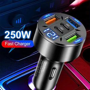 250W 5-Port Car Charger – PD QC3.0 Fast Charging USB-C Adapter for iPhone