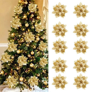 5/10pcs Glitter Christmas Flower Ornaments, Artificial Pink, Red & Gold Xmas Tree Decorations