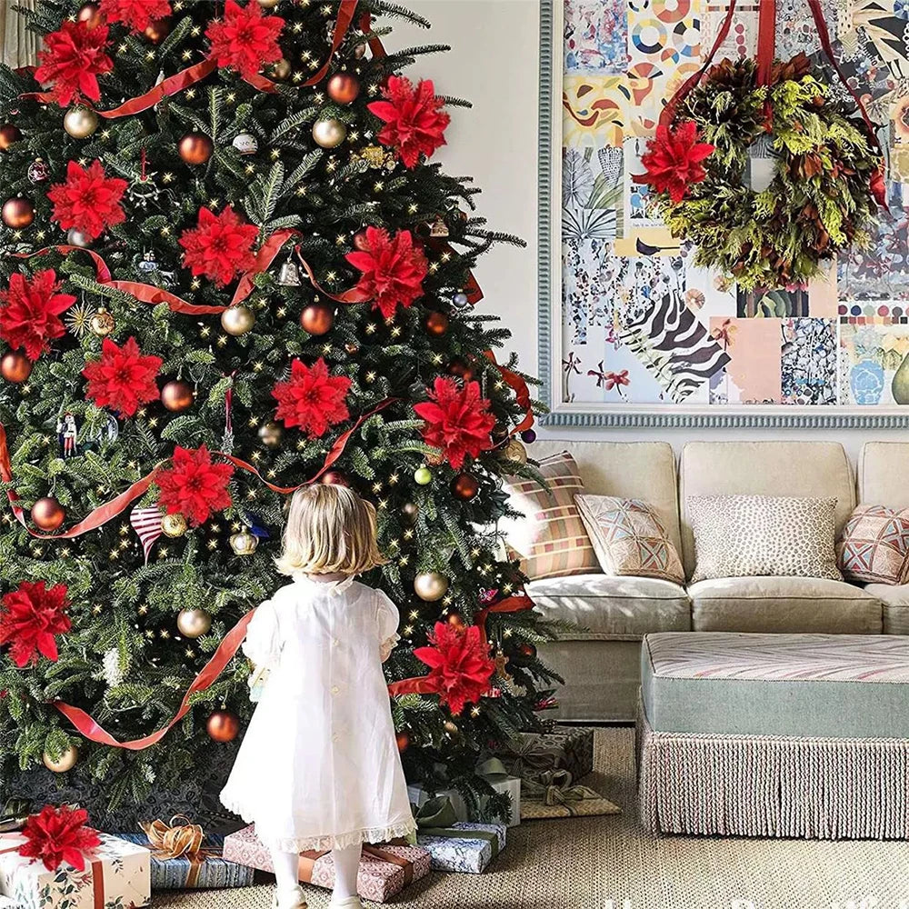 Glitter Artificial Christmas Flowers – Pink, Red & Gold Tree Ornaments