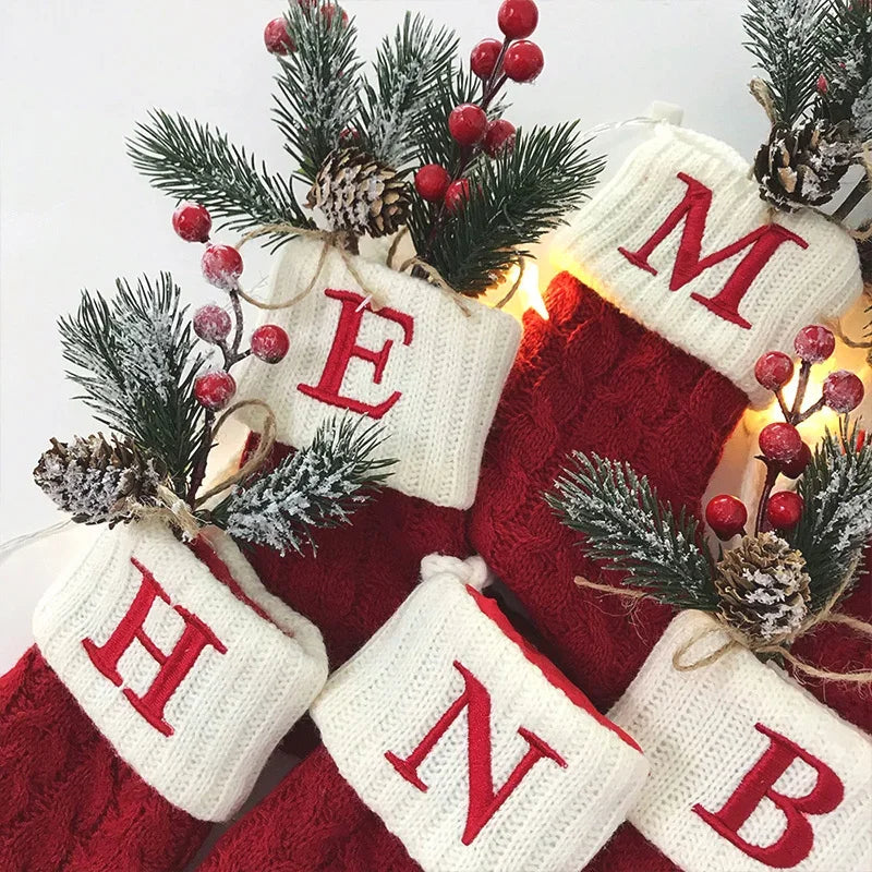 Personalized Christmas Stocking Ornaments, Knitted Tree Decorations with Snowflake Alphabet Letters