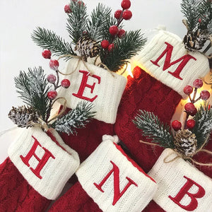 Personalized Christmas Stocking Ornaments, Knitted Tree Decorations with Snowflake Alphabet Letters