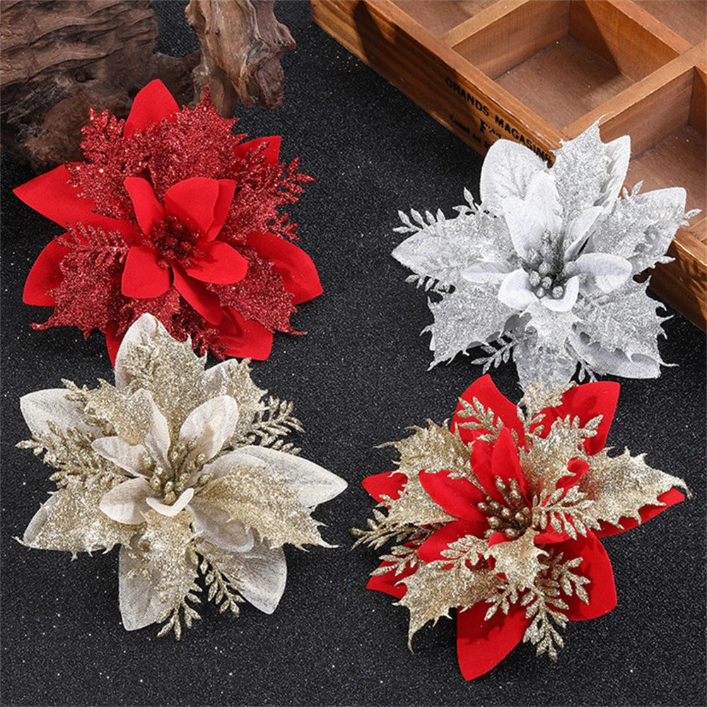 5/10pcs Glitter Christmas Flower Ornaments, Artificial Pink, Red & Gold Xmas Tree Decorations