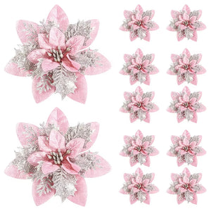 Glitter Artificial Christmas Flowers – Pink, Red & Gold Tree Ornaments