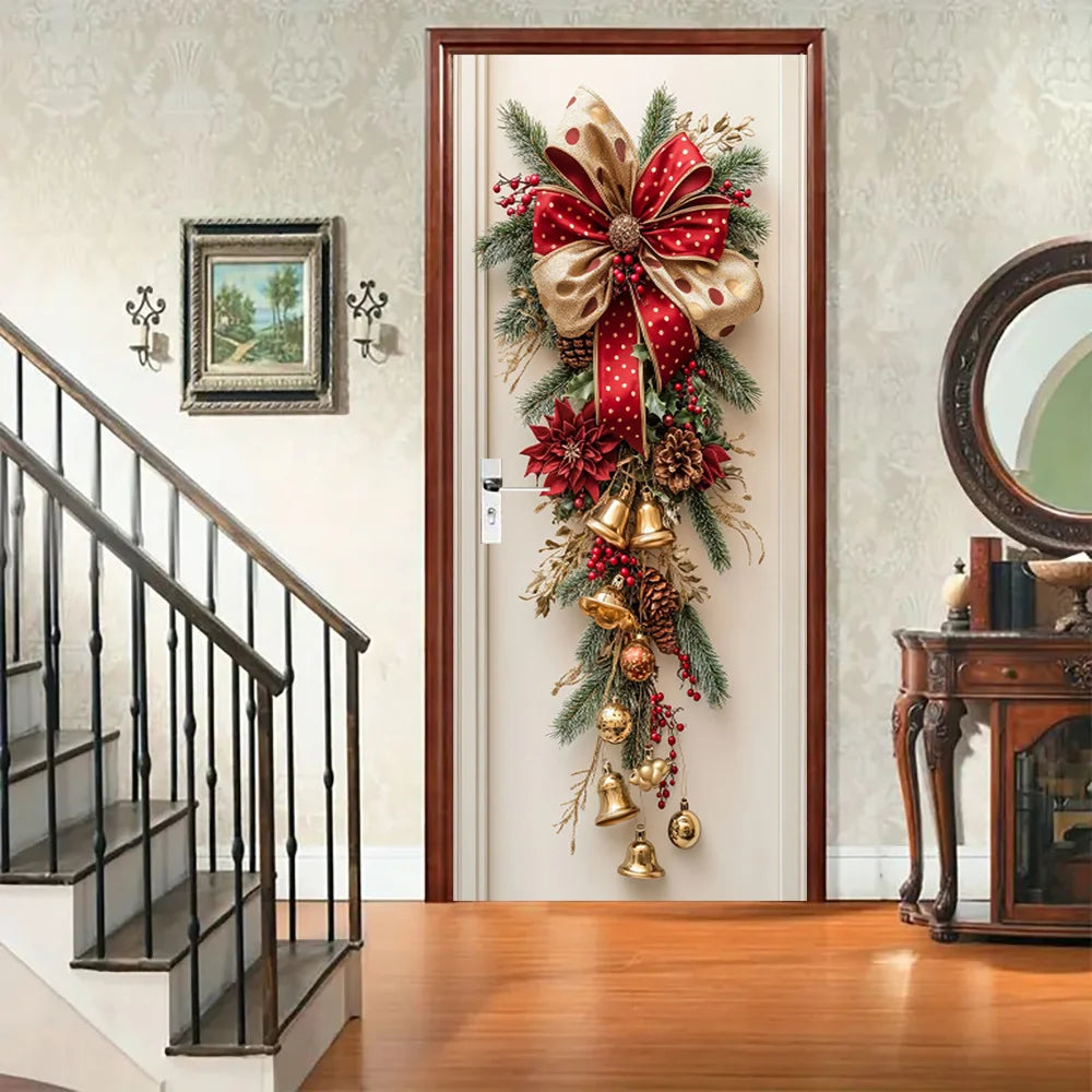 Christmas Wall Hanging Decor with Red Bells & Green Leaves