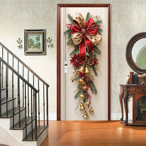 Christmas Wall Hanging Decor with Red Bells & Green Leaves