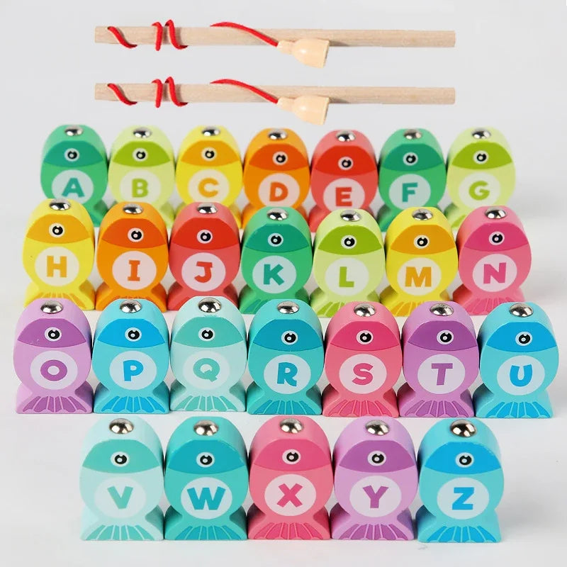 Wooden Fishing Game Toy for Kids, Alphabet & Number Learning Puzzle