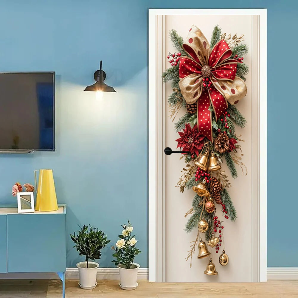 Christmas Wall Hanging Decor with Red Bells & Green Leaves