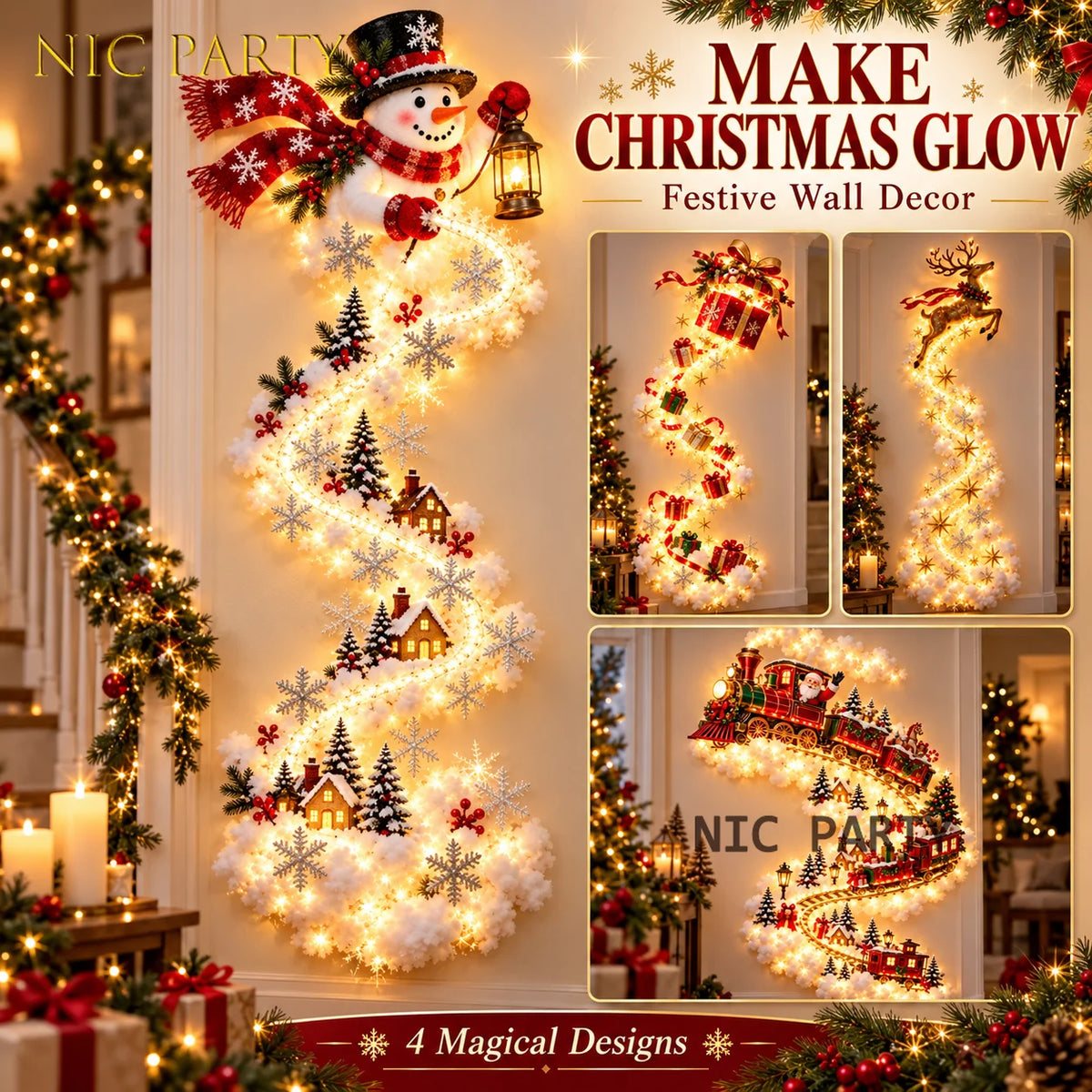 Glowing Christmas Wall Light – Santa Sleigh & Reindeer Decor