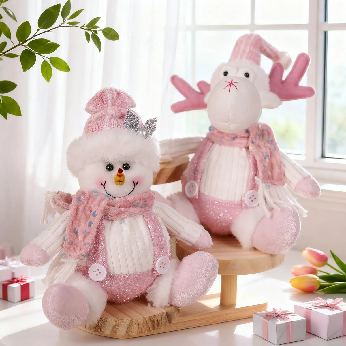 Christmas Sequin Cartoon Doll Decor – Pink Reindeer, Snowman & Santa