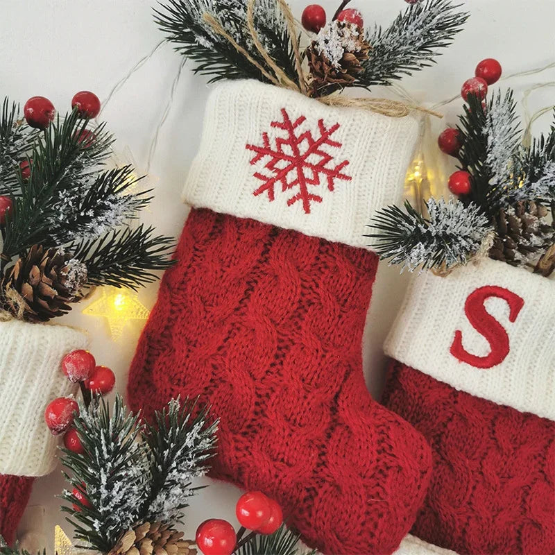 Personalized Christmas Stocking Ornaments, Knitted Tree Decorations with Snowflake Alphabet Letters