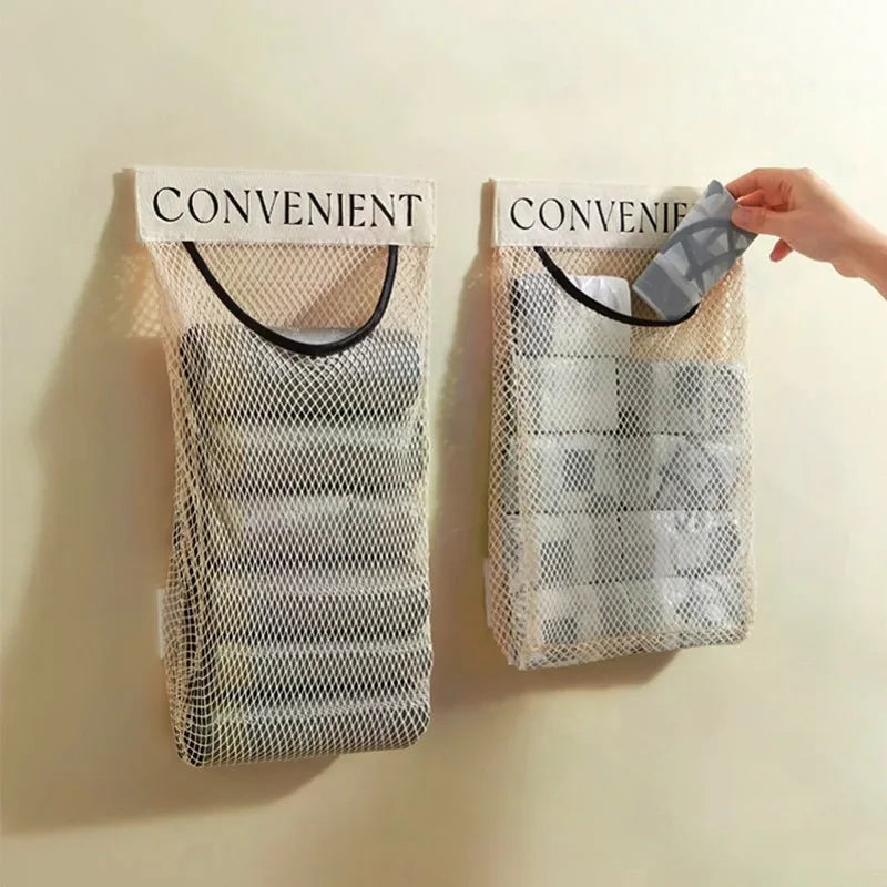 Wall-Mounted Mesh Plastic Bag Dispenser – Kitchen Storage Organizer